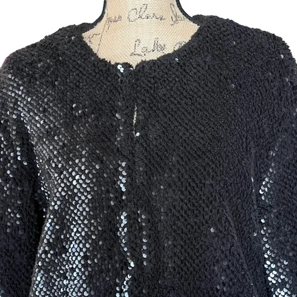 Vero Moda Sz Large Starlight Short Jacket Sequin Black Pockets Glam Bling Sherpa - Picture 6 of 16